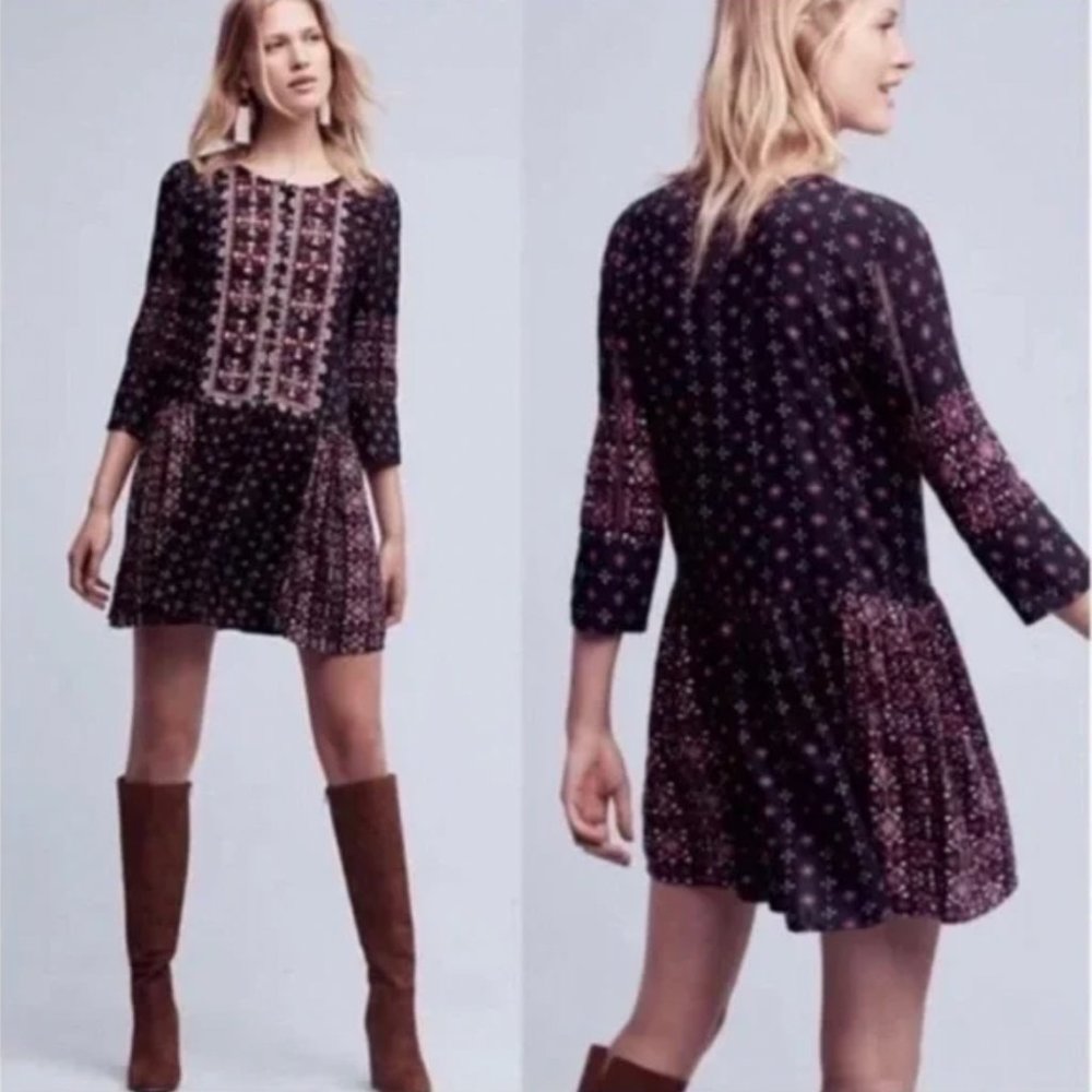 Anthropologie Vanessa Virginia Kaleidoscope Tunic Dress Purple Embroidered Sz S